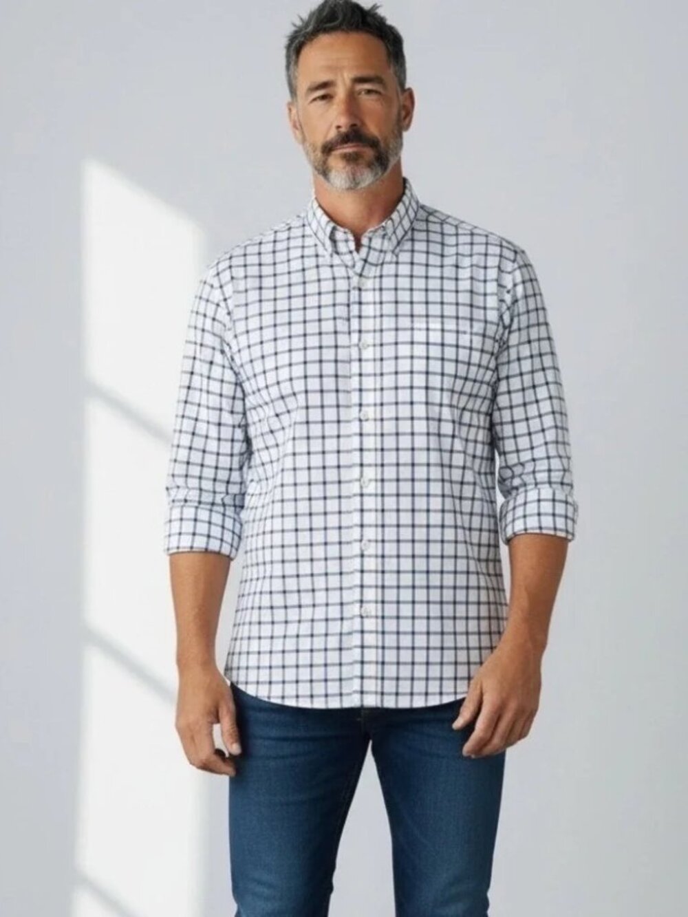 Mizzen + Main Leeward Trim Fit Windowpane Dress Shirt White/Blue Size M